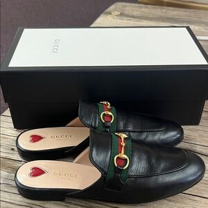 Gucci Black Leather Backless Loafers with Green-Red Web and Gold Horsebit